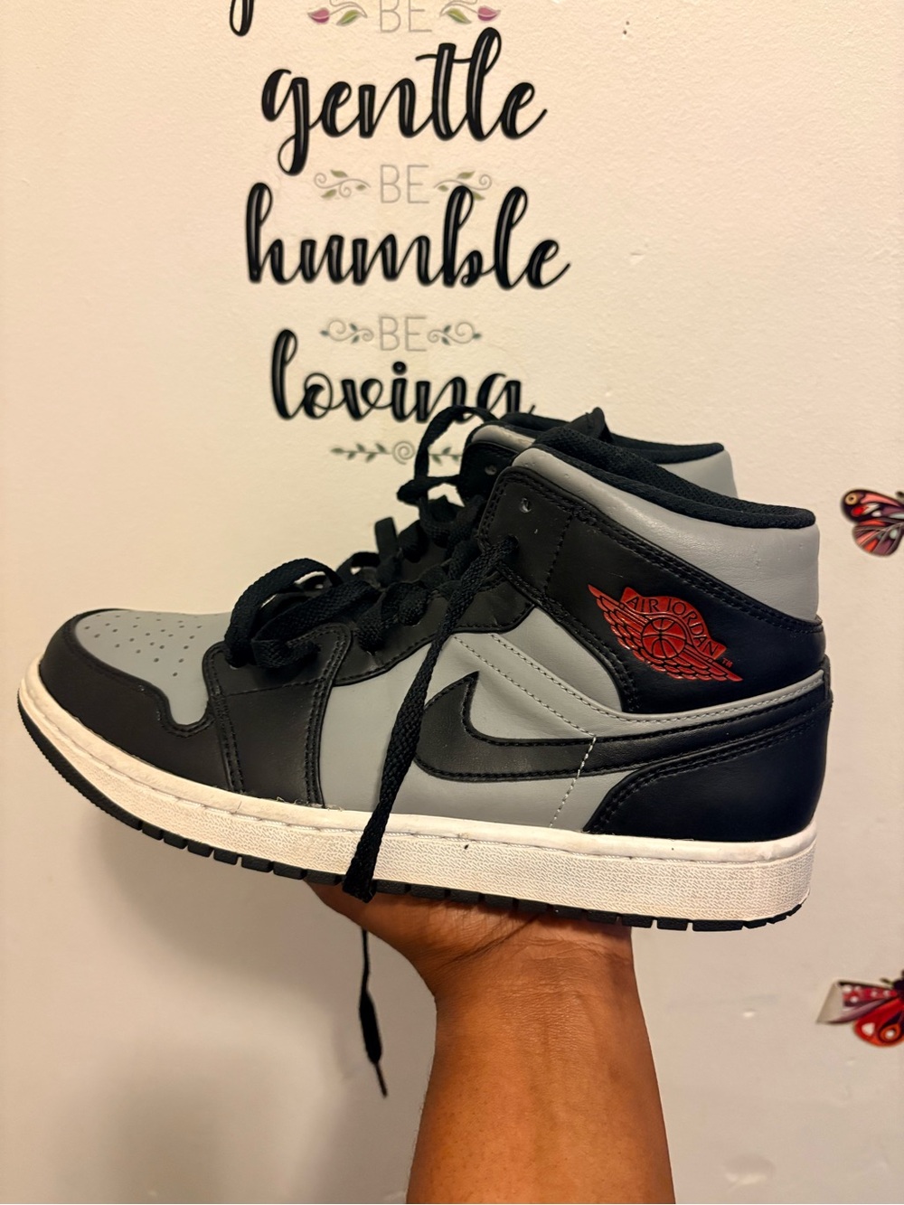 Nike Air Jordan 1 Mid Black and Grey with Red Wings Logo